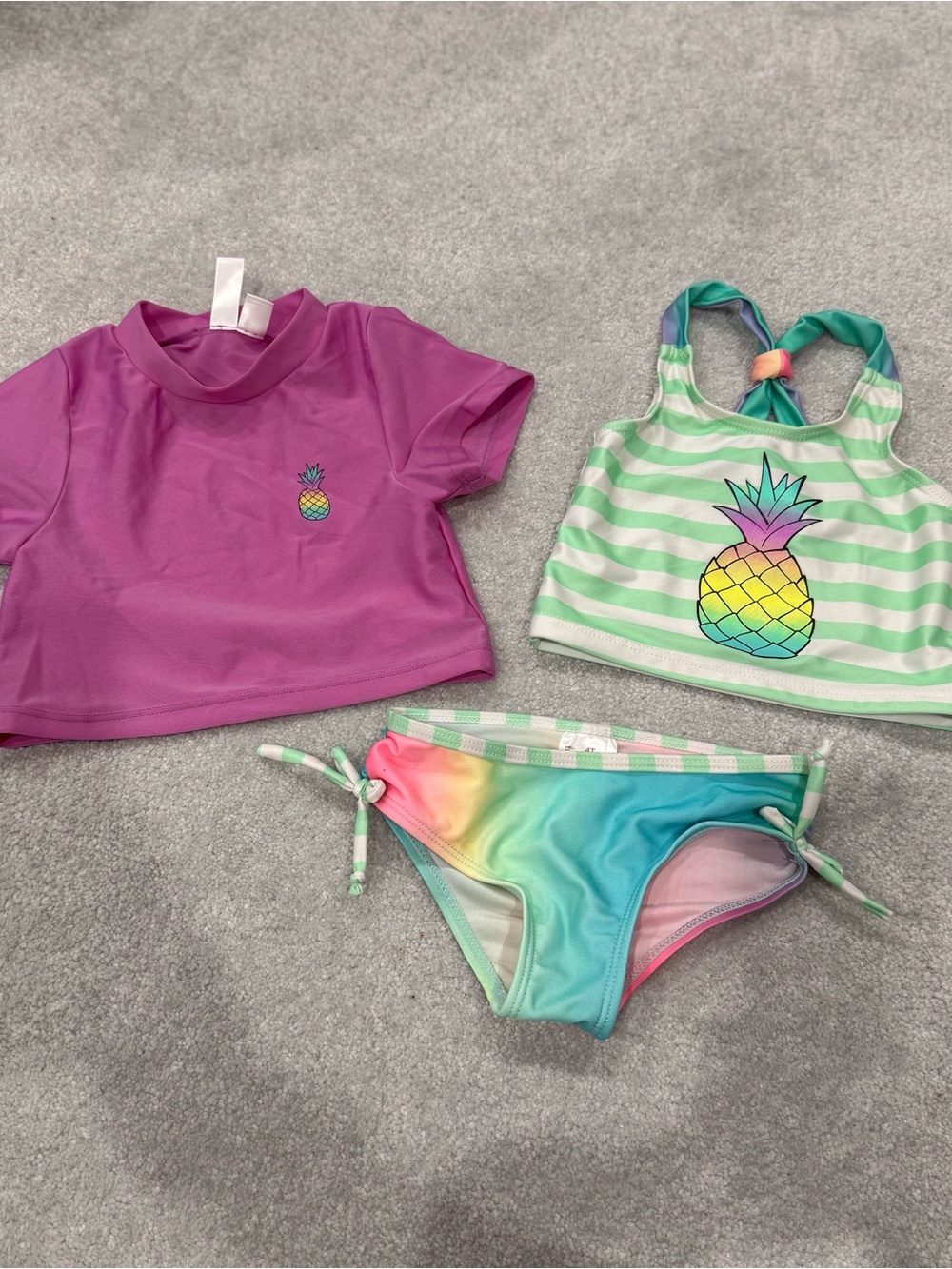 Kids Pineapple Swim Set - Pink Rash Guard, Green Stripe Top & Rainbow Bottom